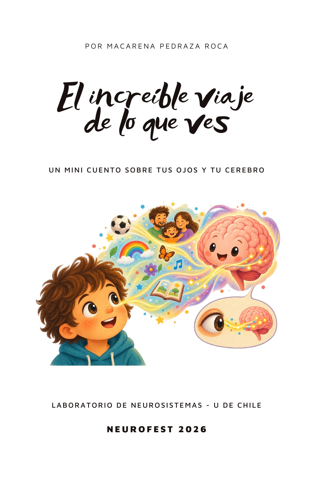 Portada. El increíble viaje de lo que ves: un mini cuento sobre tus ojos y tu cerebro. Por Macarena Pedraza Roca. Laboratorio de Neurosistemas, Universidad de Chile. NeuroFEST 2026.
