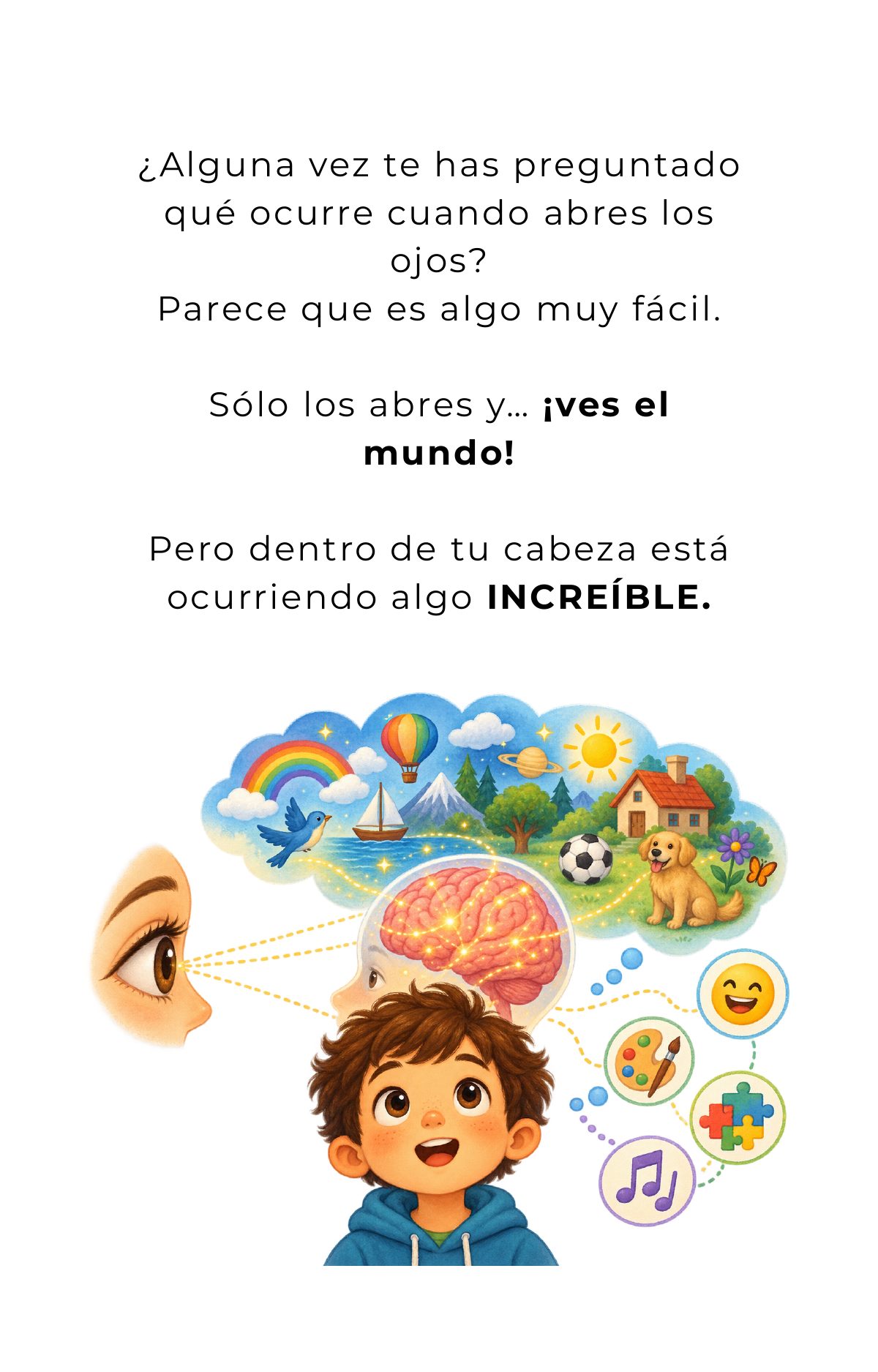 ¿Alguna vez te has preguntado qué ocurre cuando abres los ojos? Parece que es algo muy fácil. Sólo los abres y… ¡ves el mundo! Pero dentro de tu cabeza está ocurriendo algo increíble.