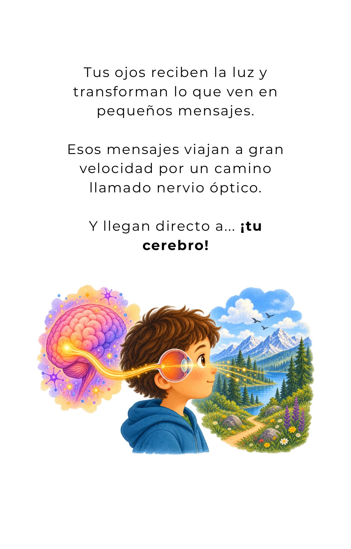 Tus ojos reciben la luz y transforman lo que ven en pequeños mensajes. Esos mensajes viajan a gran velocidad por un camino llamado nervio óptico. Y llegan directo a… ¡tu cerebro!
