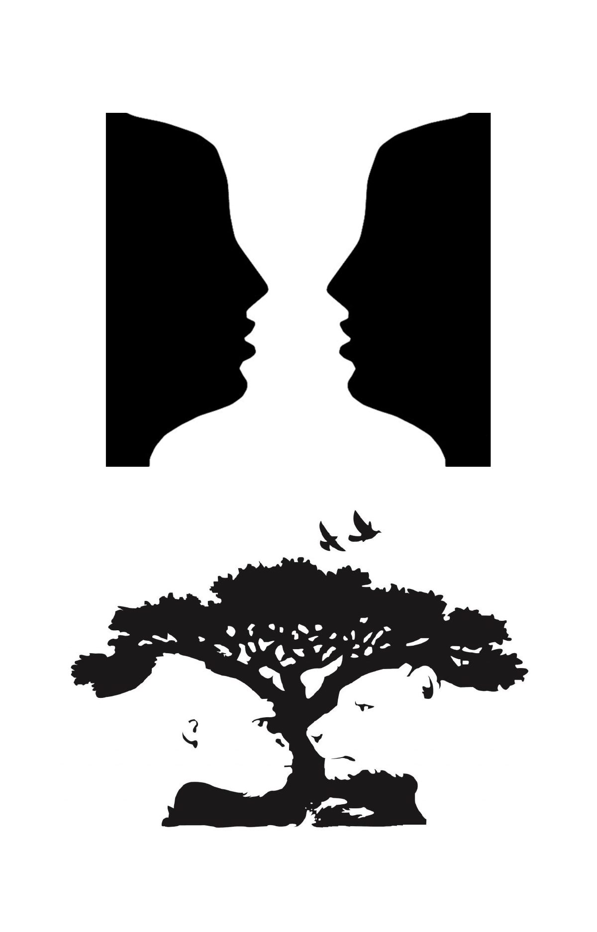 Ilusiones ópticas: dos perfiles enfrentados que también forman una copa, y un árbol cuyas ramas y raíces esconden otras figuras.